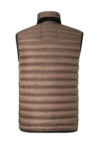Gepolsterte ärmellose Weste in einem hellbraunen Farbton mit gesteppter Struktur. Verfügt über einen hohen Kragen und eine schwarze Umrandung an den Armlöchern und am Saum.
