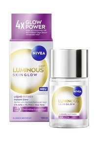 NIVEA Luminous Skin Glow Liquid Refiner, 100ml, clear bottle with silver cap, features purple and gold accents on packaging with branding.