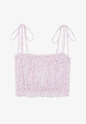 Crop top rose à fleurs avec ourlet volanté et bretelles spaghetti ajustables, présentant un tissu léger et texturé ainsi que de petits motifs floraux.