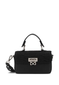 Borsa nera con tessuto strutturato e pelle liscia, manico superiore e tracolla staccabile con dettagli metallici.