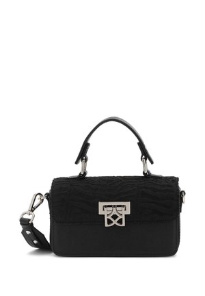 Borsa nera con tessuto strutturato e pelle liscia, manico superiore e tracolla staccabile con dettagli metallici.