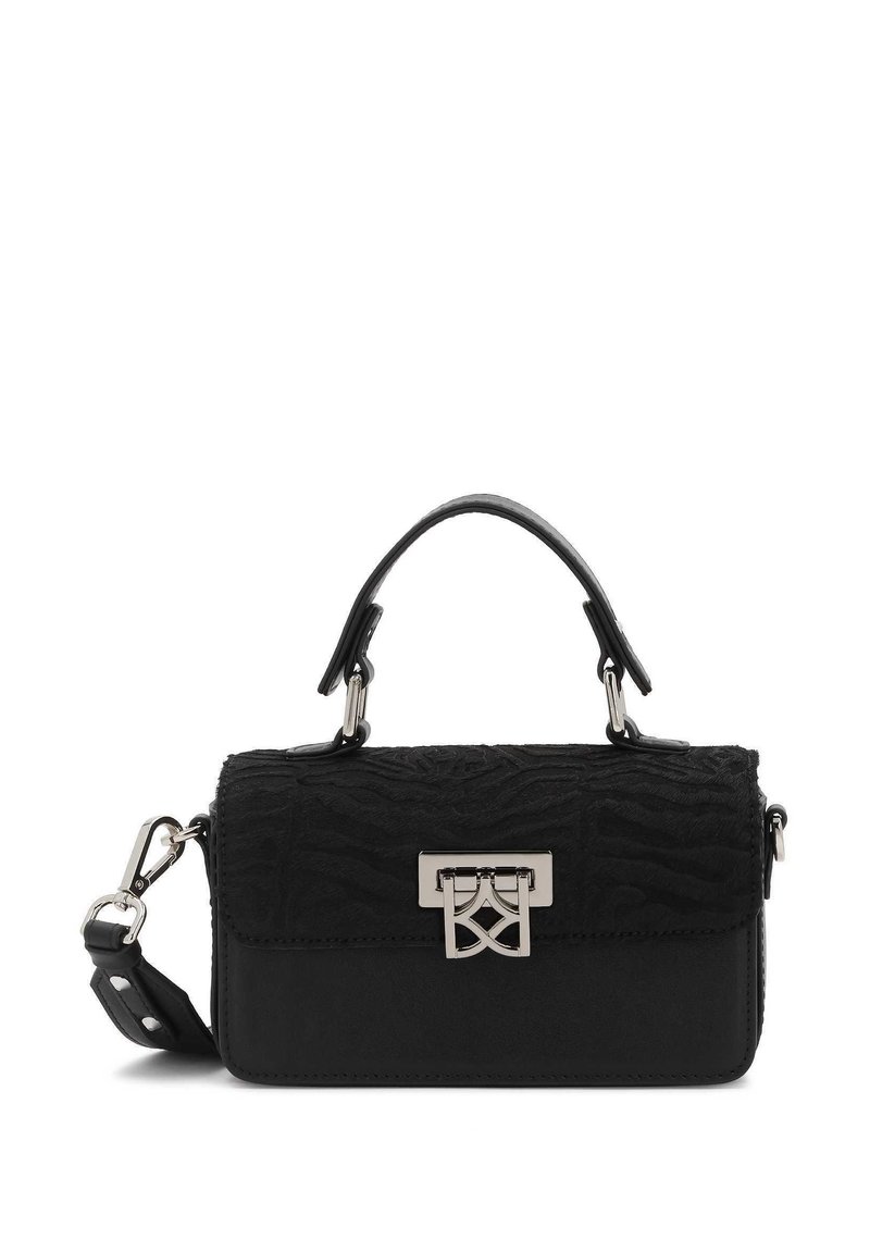 Borsa nera con tessuto strutturato e pelle liscia, manico superiore e tracolla staccabile con dettagli metallici.