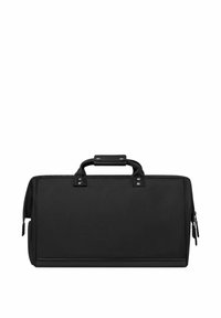 Sac synthétique noir avec deux poignées supérieures, forme rectangulaire, fermeture éclair, surface texturée et accents métalliques subtils.