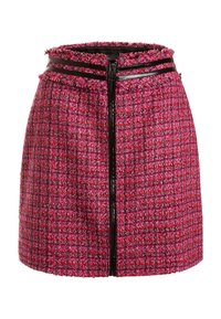 Fuchsia tweed nederdel med et struktureret mønster, med en sort lynlås foran og to sorte vandrette striber i taljen.