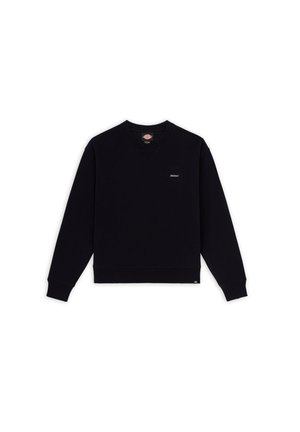 Black v-neck sweatshirt made of cotton blend, featuring ribbed cuffs and hem, with a small logo on the chest and a smooth texture.
