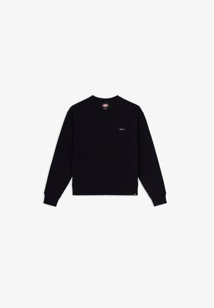 Black v-neck sweatshirt made of cotton blend, featuring ribbed cuffs and hem, with a small logo on the chest and a smooth texture.