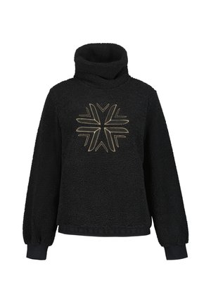 Zwarte fleece trui met hoge col, lange mouwen, elastische boorden en een gouden geometrisch sterrenpatroon op de borst.