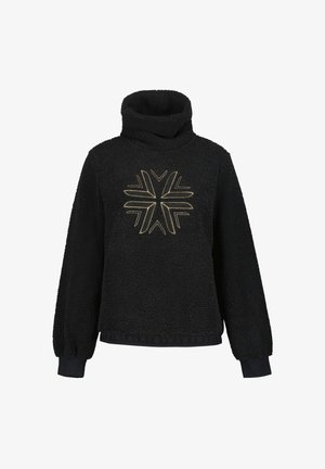 Jersey de forro polar negro con cuello alto tipo tortuga, mangas largas, puños elásticos y patrón geométrico de estrella dorada en el pecho.