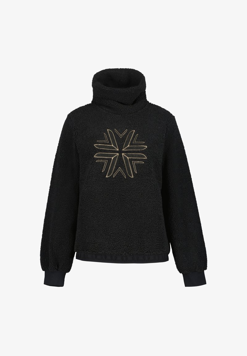 Pull en polaire noir avec col roulé haut, manches longues, poignets élastiques et motif étoile géométrique dorée sur la poitrine.