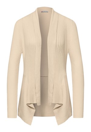 Béžový žebrovaný kardigan s otevřeným předním dílem, dlouhými rukávy a asymetrickým lemem, vyrobený z měkké pleteniny.