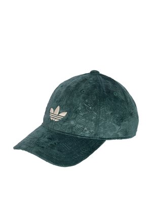 Casquette vert foncé avec un motif floral texturé, visière incurvée et un logo central brodé en beige clair. Détail de sangle ajustable à l'arrière.