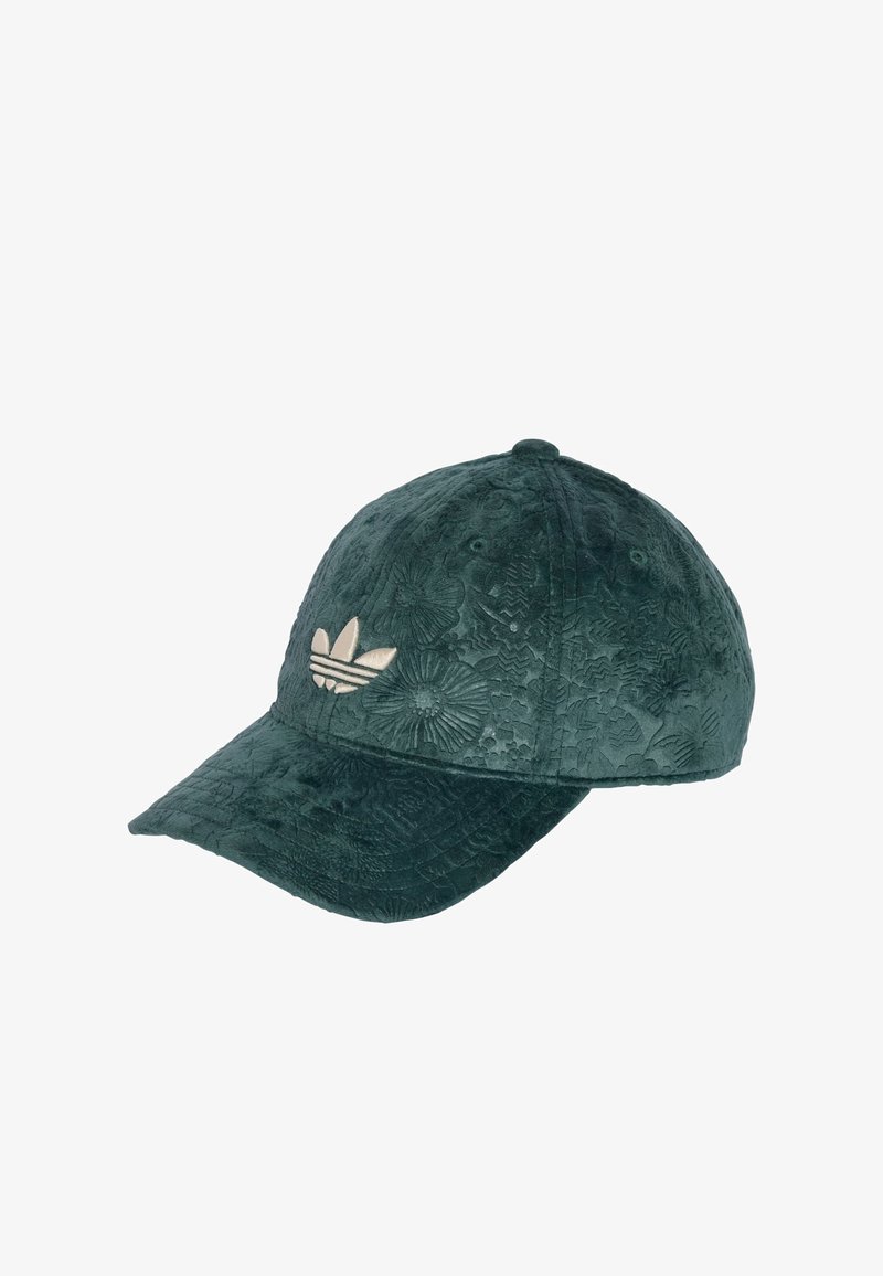 Dark green cap with textured floral pattern, curved brim, and a central embroidered logo in light beige. Adjustable back strap detail.