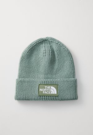 Strikket hue i dæmpet grøn med en foldet ribkant. Har en rektangulær patch med "THE NORTH FACE" logo i hvidt på grøn baggrund.