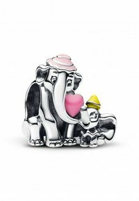 Sterling-Silber Elefantenfigur mit einem rosa und weißen Hut, der ein pinkes Herz hält, neben einem kleineren Elefanten mit einem gelben Hut.