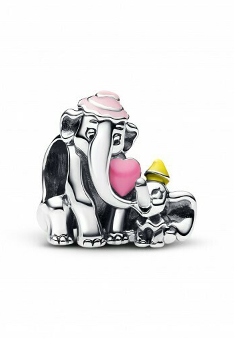 Sterling-Silber Elefantenfigur mit einem rosa und weißen Hut, der ein pinkes Herz hält, neben einem kleineren Elefanten mit einem gelben Hut.