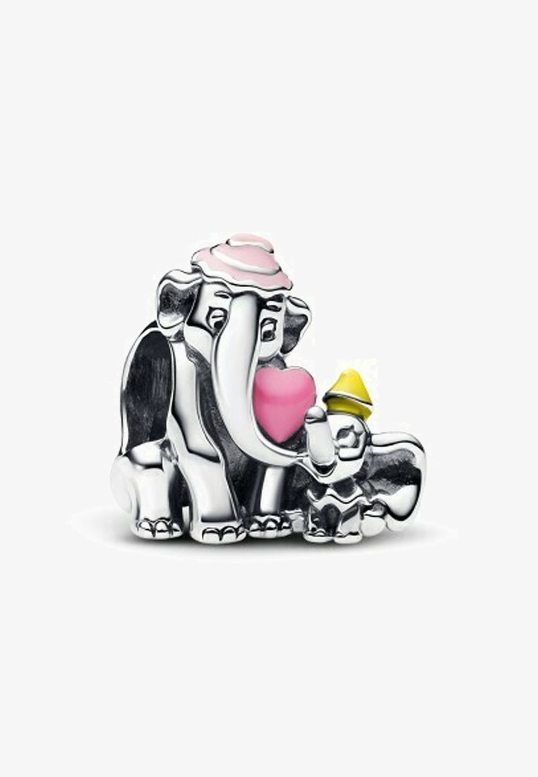 Sterling-Silber Elefantenfigur mit einem rosa und weißen Hut, der ein pinkes Herz hält, neben einem kleineren Elefanten mit einem gelben Hut.