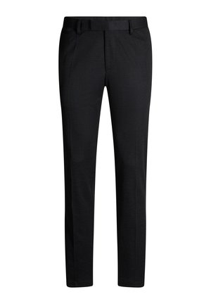 Czarne eleganckie spodnie wykonane z gładkiego materiału, z płaskim przodem, bocznymi kieszeniami i paskiem w talii. Slim fit.