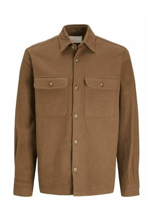 Chaqueta marrón de botón, hecha de tela texturizada, con dos bolsillos en el pecho, un cuello puntiagudo y seis botones en la parte delantera.