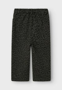 Schwarze Leopard-Print-Hosen mit elastischem Bund, geradem Bein und weichem Material, das ein markantes Tiermuster zeigt.