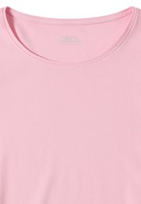 Hellrosa, kurzärmliges Shirt mit Rundhalsausschnitt. Hergestellt aus glattem Stoff, mit dezenten Nähten und einem kleinen Logo in Silber am Halsauschnitt.