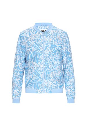 Hellblaue Bomberjacke mit weißem abstraktem Blattmuster, Reißverschluss vorne, gerippte Bündchen und Saum sowie einem abgerundeten Kragen. Weicher, glatter Stoff.