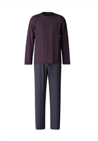 Haut violet à manches longues avec encolure henley et poche, associé à un pantalon rayé bleu marine et blanc. Tissu doux avec une coupe droite.
