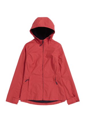 Jachetă roșie ușoară, cu glugă, fermoar frontal și două buzunare laterale. Dispune de un material durabil cu textură netedă și căptușeală interioară contrastantă.
