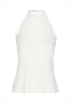 Top bianco senza maniche con collo all'americana alto e chiusura con cerniera sul retro, aderente in vita, tessuto liscio.