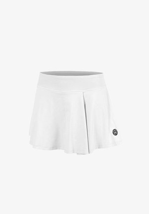 Weißer plissierter Tennisrock mit breitem, strukturiertem Bund und kleinem schwarzem Rundlogo nahe dem Saum auf der rechten Seite.