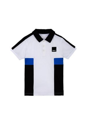 Polo con corpo bianco, maniche nere, accenti orizzontali blu, patta con tre bottoni e un piccolo logo nero.