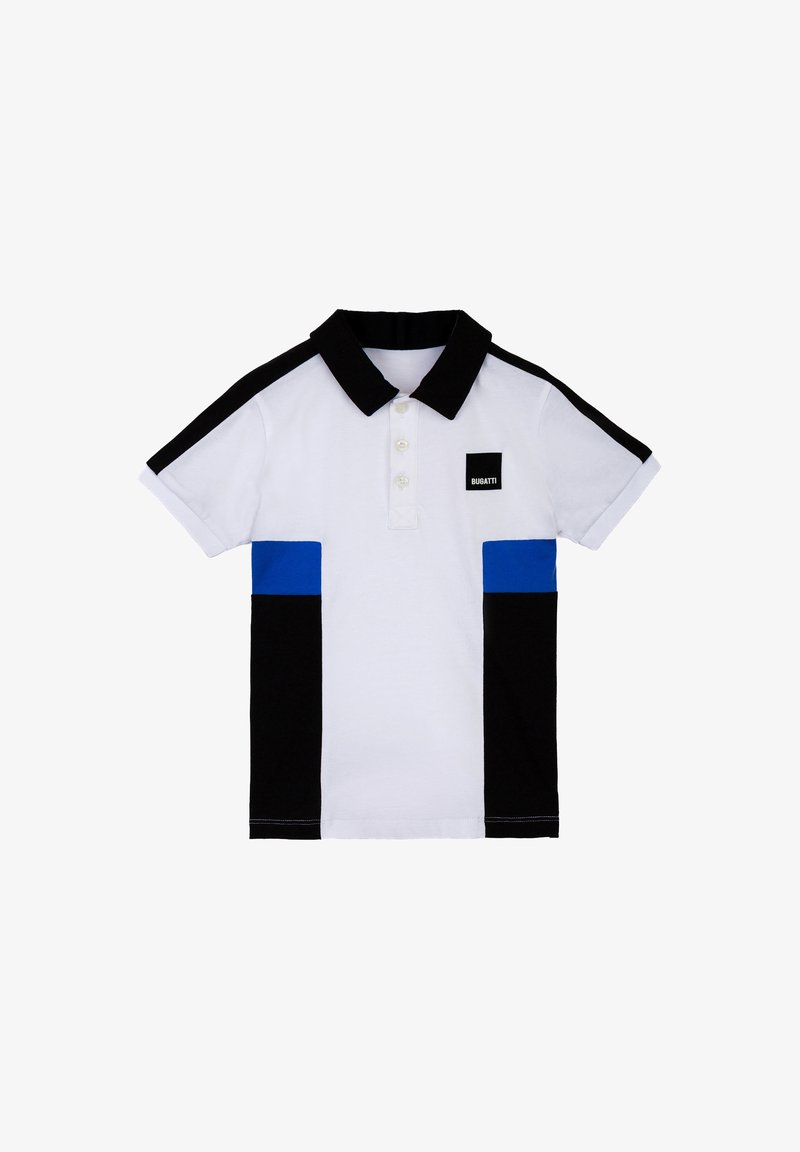 Polo con corpo bianco, maniche nere, accenti orizzontali blu, patta con tre bottoni e un piccolo logo nero.