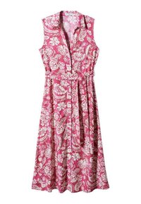 Robe sans manches à motifs floraux en rose et blanc, dotée d'un col, d'un bouton devant et d'une ceinture nouée à la taille. Texture de tissu lisse.