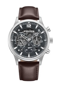 Orologio cronografo argentato con quadrante nero, cinturino in pelle marrone e tre sottodial per la visualizzazione della data e del giorno, con marcatori delle ore audaci.
