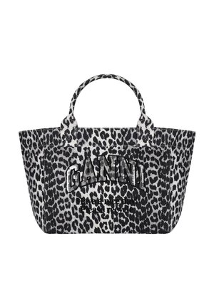 Borsa tote in tessuto con stampa leopardata bianco e nero, doppi manici, logo "GANNI" e scritta "Have a nice day, please recycle" sul davanti.