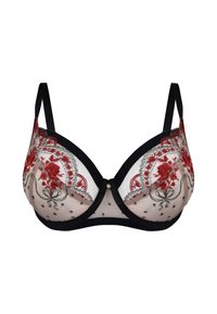 Czarny i czerwony haftowany biustonosz z przezroczystego materiału, z kwiatowymi wzorami i dekoracyjnymi akcentami. Regulowane ramiączka i fiszbiny zapewniające wsparcie.