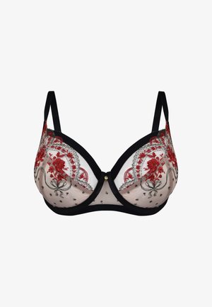 Czarny i czerwony haftowany biustonosz z przezroczystego materiału, z kwiatowymi wzorami i dekoracyjnymi akcentami. Regulowane ramiączka i fiszbiny zapewniające wsparcie.