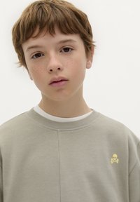 Grijze sweatshirt met een ronde halslijn en een klein geel schedellogo op de linkerkant van de borst. Zacht materiaal en een casual, relaxte pasvorm.