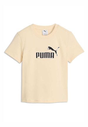 T-shirt beige a maniche corte con logo Puma nero e testo centrato sul petto.