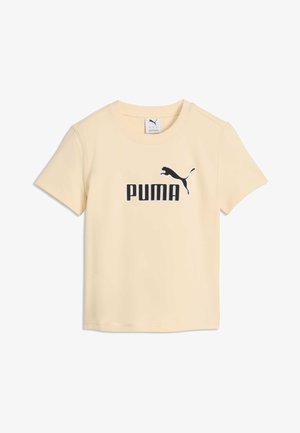 T-shirt beige à manches courtes avec logo Puma noir et texte centré sur la poitrine.