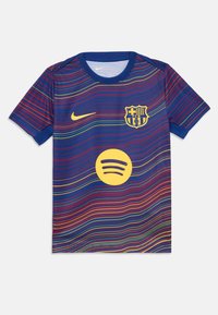 Nike Barcelona jersey featuring a blue base with multicolored wavy stripes, logo on left chest, and a large yellow Spotify logo on the center.