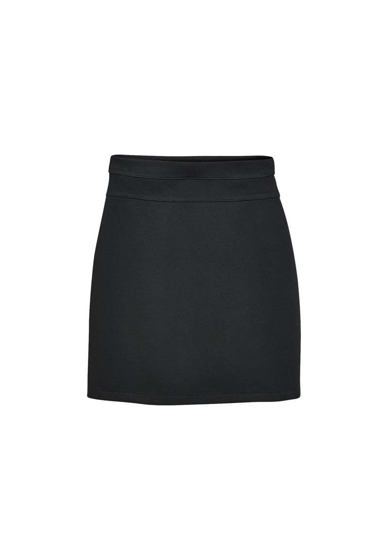 Gonna mini nera realizzata in tessuto elasticizzato, con una vita aderente e una trama liscia, con un taglio dritto e senza motivi o accenti visibili.
