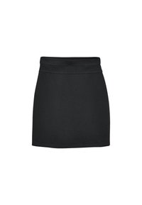 Jupe mini noire en tissu extensible, avec une taille ajustée et une texture lisse, dotée d'une coupe droite et sans motifs ni accents visibles.
