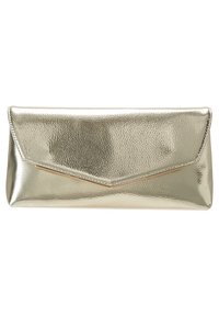 Metaliczna złota kopertówka z fakturowanym wykończeniem, kanciastym klapą oraz eleganckim, gładkim wyglądem. Udekorowana minimalnymi elementami metalowymi.