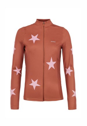 Lange mouwen jas in rustkleur met roze sterrenpatronen, met een rechtopstaande kraag en een ritssluiting aan de voorkant. Gemaakt van een soepel, elastisch materiaal.