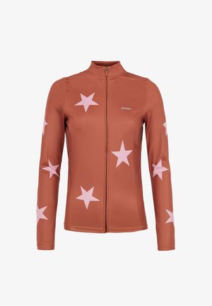 Lange mouwen jas in rustkleur met roze sterrenpatronen, met een rechtopstaande kraag en een ritssluiting aan de voorkant. Gemaakt van een soepel, elastisch materiaal.