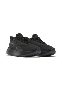 Black athletic shoes featuring a mesh upper, textured accents, a cushioned sole, and laces. The design is sleek with minimal branding.