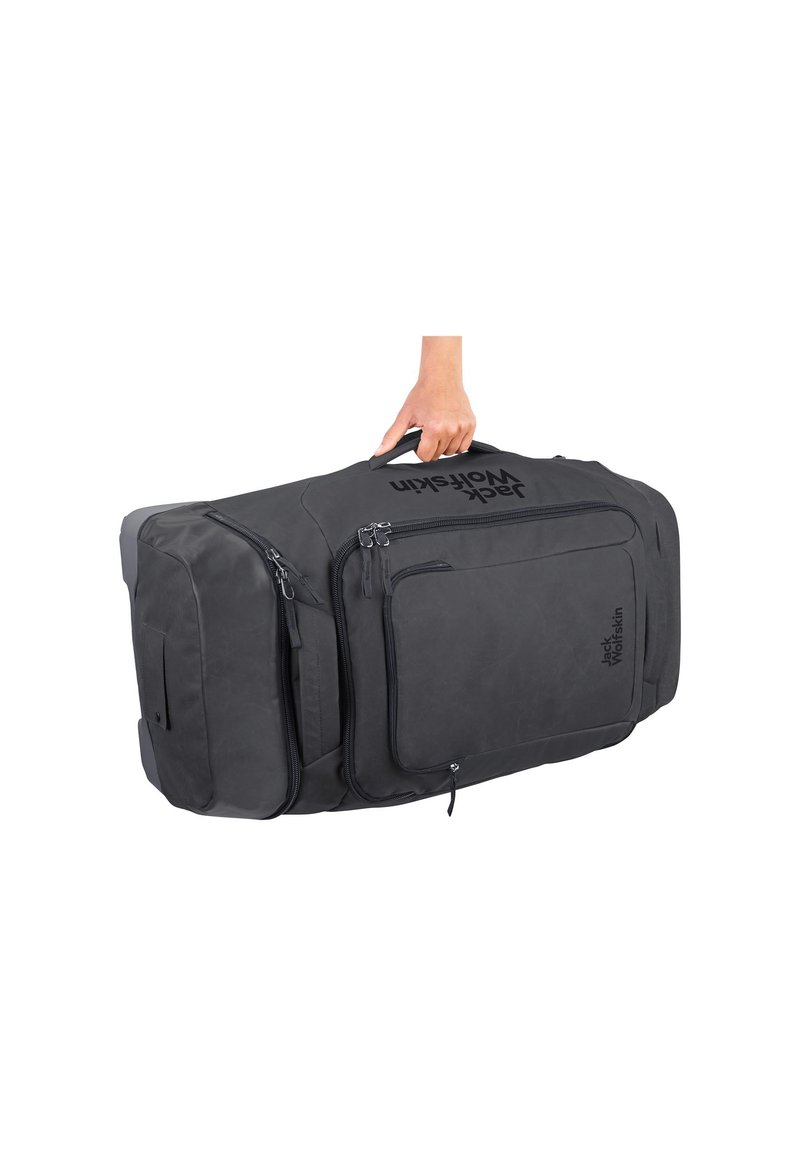 Sac de sport noir en matériau durable, avec plusieurs compartiments zippés et une poignée robuste pour un transport facile.