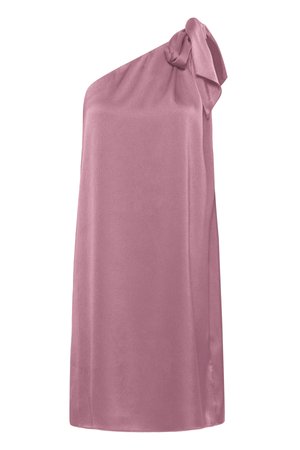 Różowa sukienka bez rękawów na jedno ramię z detalem w postaci węzła na ramieniu i prostym, luźnym kroju.