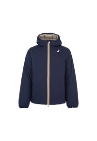 Giacca a vento blu navy con cappuccio, zip dorata e polsini elasticizzati. Tessuto leggero con una texture liscia e minimal branding.