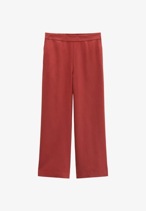 Pantaloni largi de culoare ruginie, cu față plată, buzunare laterale și talie elastică, confecționați din material neted.